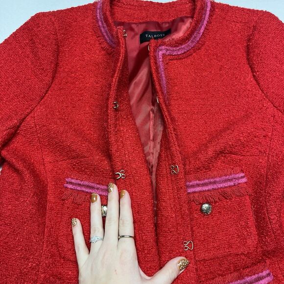 Talbots Tweed Blazer Red Fringe Wool Blend - Picture 7 of 10